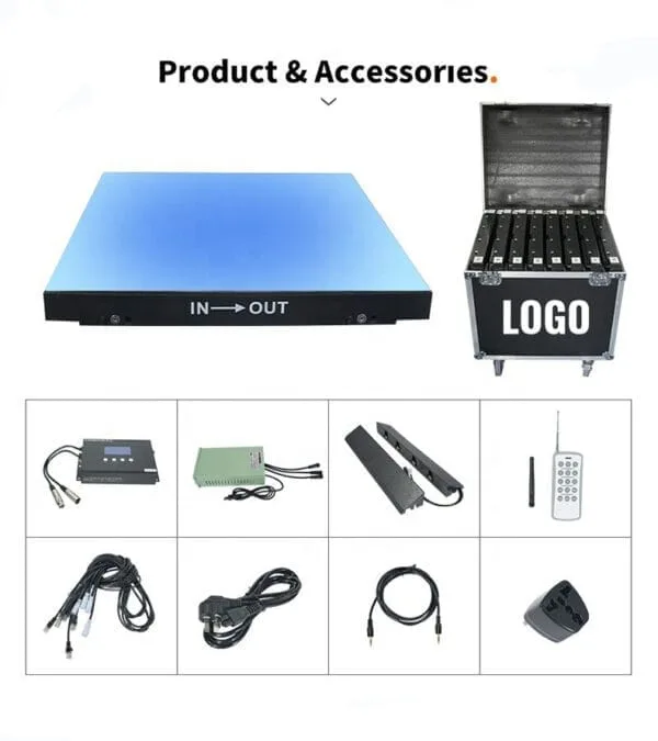 The LK - CH01 Rainbow LED dance floor tile accompanied by its accessories. The image shows a single tile, a branded flight case for storage and transport, and various accessories including a power supply unit, a wireless remote control, and cables.