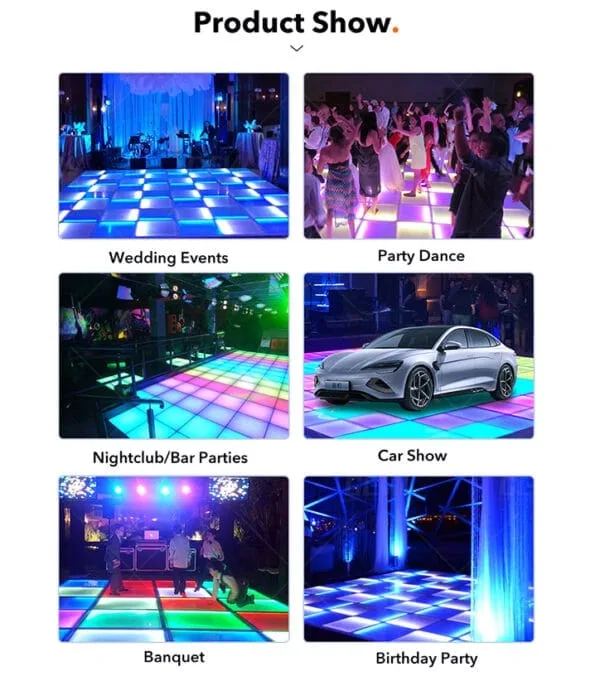 A collage of images demonstrating the LK - CH01 Rainbow LED dance floor in various settings such as wedding events, party dances, nightclub/bar parties, car shows, banquets, and birthday parties, highlighting its versatility and vibrant lighting effects in different environments.