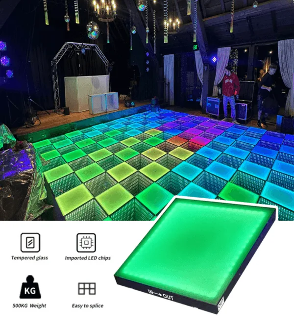 The LK - CH01 Rainbow LED dance floor set up in a lively party venue, featuring a grid of tiles illuminated in a spectrum of rainbow colors. A close - up of a single green - lit LK - CH01 tile is also shown, highlighting its design and build. Icons indicating features like tempered glass, imported LED chips, a 500KG weight - bearing capacity, and easy splicing are present.