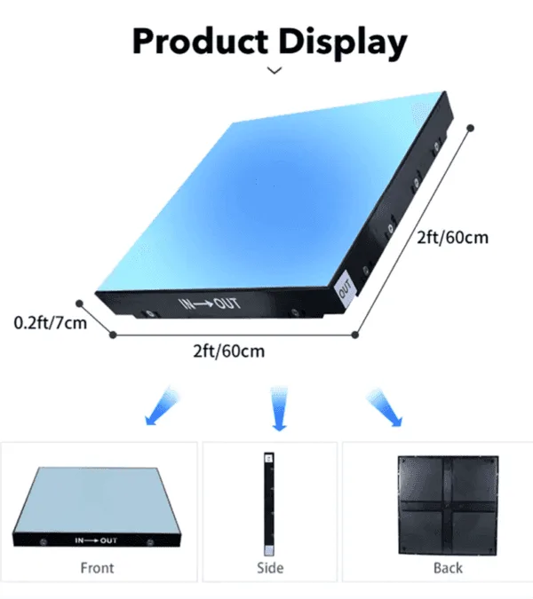 A display of the LK - CH01 Rainbow LED dance floor tile, showing its dimensions (2ft/60cm by 2ft/60cm with a height of 0.2ft/7cm). The image includes front, side, and back views of the tile, highlighting its sleek design and connection ports labeled "IN→OUT".