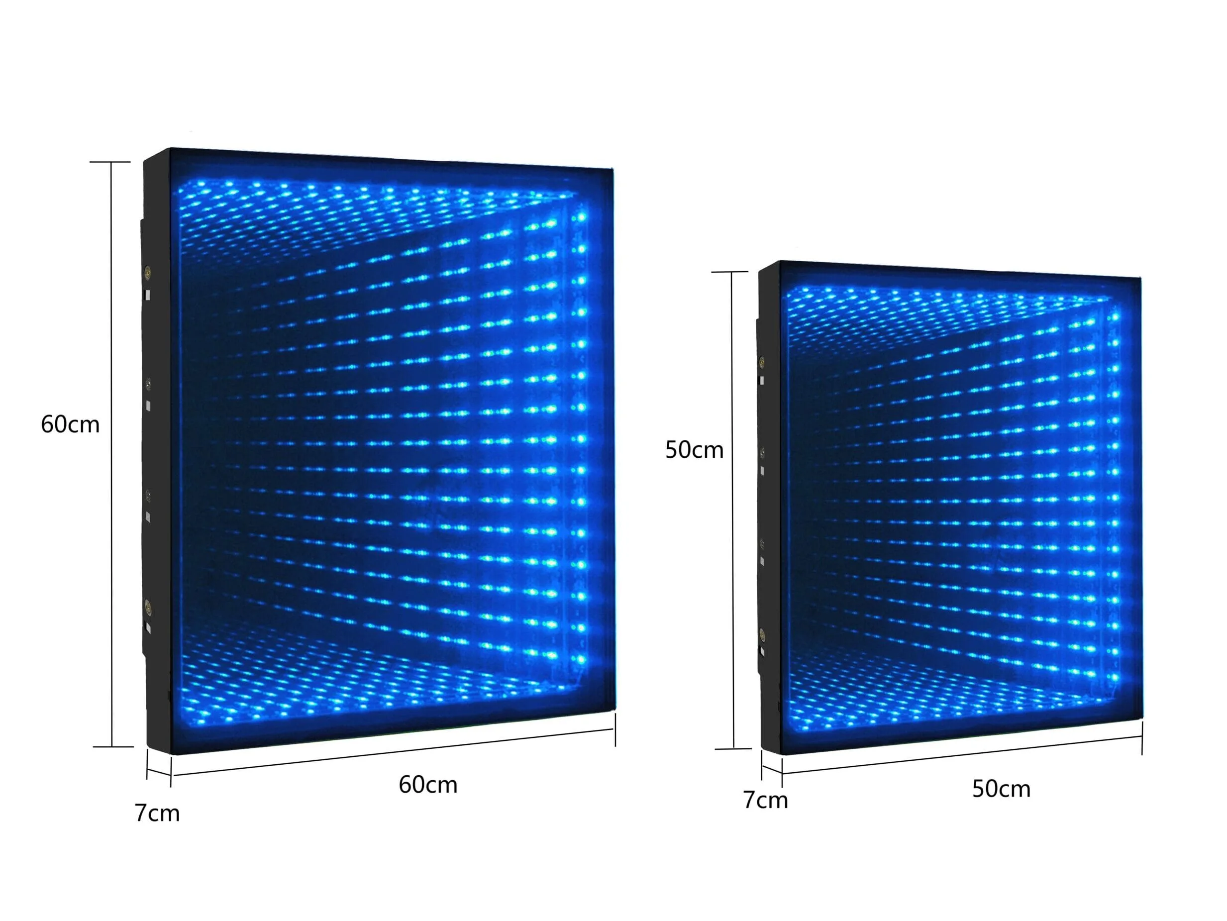 Dwa standardowe rozmiary parkietów LED Diagram showing two standard sizes of LED dance floors. Size A is 50cm x 50cm x 7cm (approximately 19.7" x 19.7" x 2.8") and size B is 60cm x 60cm x 7cm (approximately 23.62" x 23.62" x 2.8").