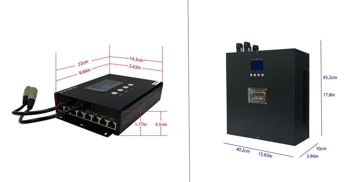 Le côté gauche montre la taille standard du contrôleur LED, adaptée aux night-clubs et bars ; le côté droit affiche la taille du grand contrôleur LED extérieur, couramment utilisé pour des projets d'éclairage à grande échelle.