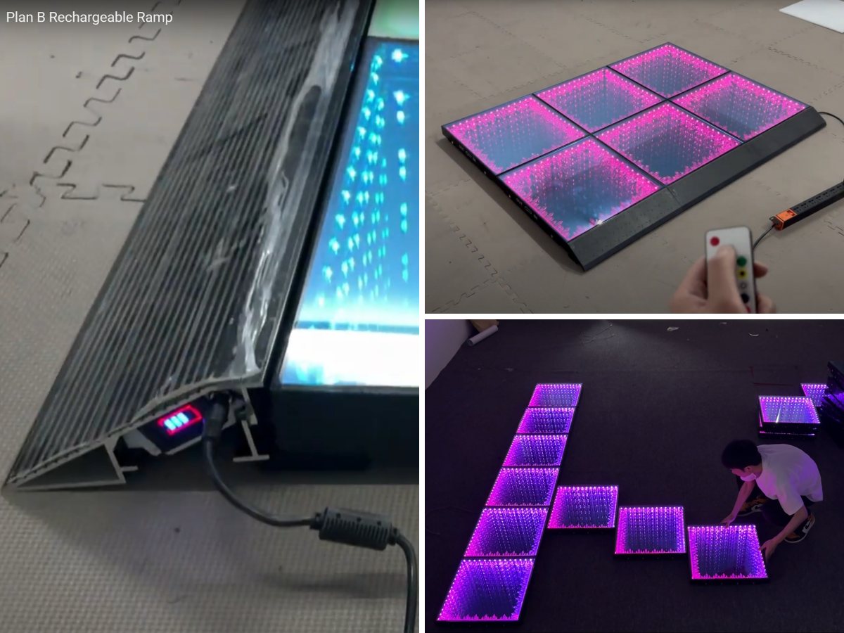 Comparaison des trois méthodes d'alimentation pour piste de danse LED : câble d'alimentation unique, rampe rechargeable et batterie intégrée avec contrôleur.