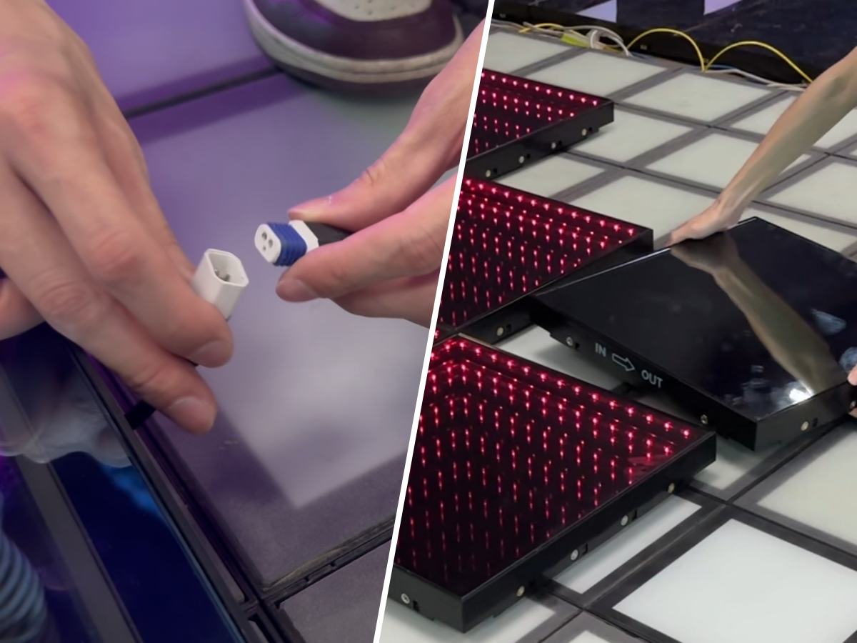 Comparaison de pistes de danse LED : côté gauche connexion filaire, côté droit interconnexion type aimant.