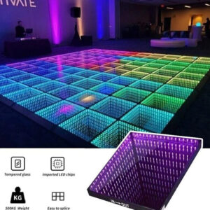 3D LED dance floor with an immersive mirror effect, creating a tunnel-like visual illusion in a dimly lit event venue