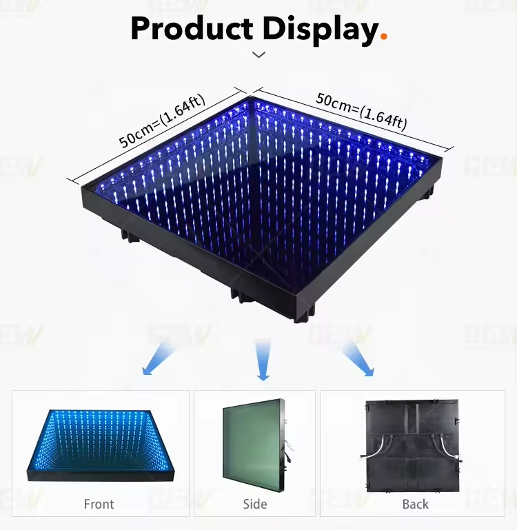 50x50cm LED dance floor product parameters with front, back, and side view display.