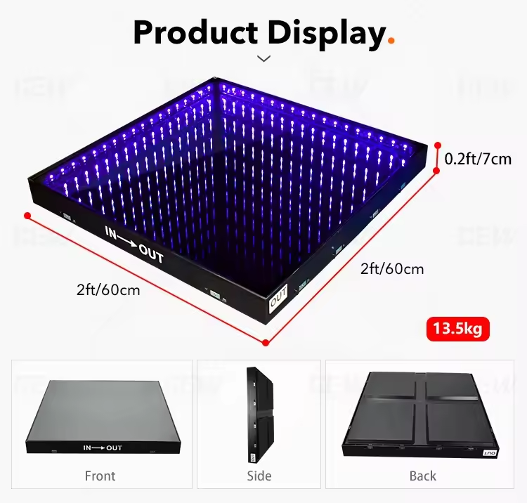 60x60cm LED dance floor product parameters with front, back, and side view display.