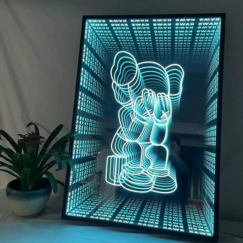 Infinity mirror LED dance floor featuring an embedded Bearbrick pattern with blue infinite reflection lighting effect.