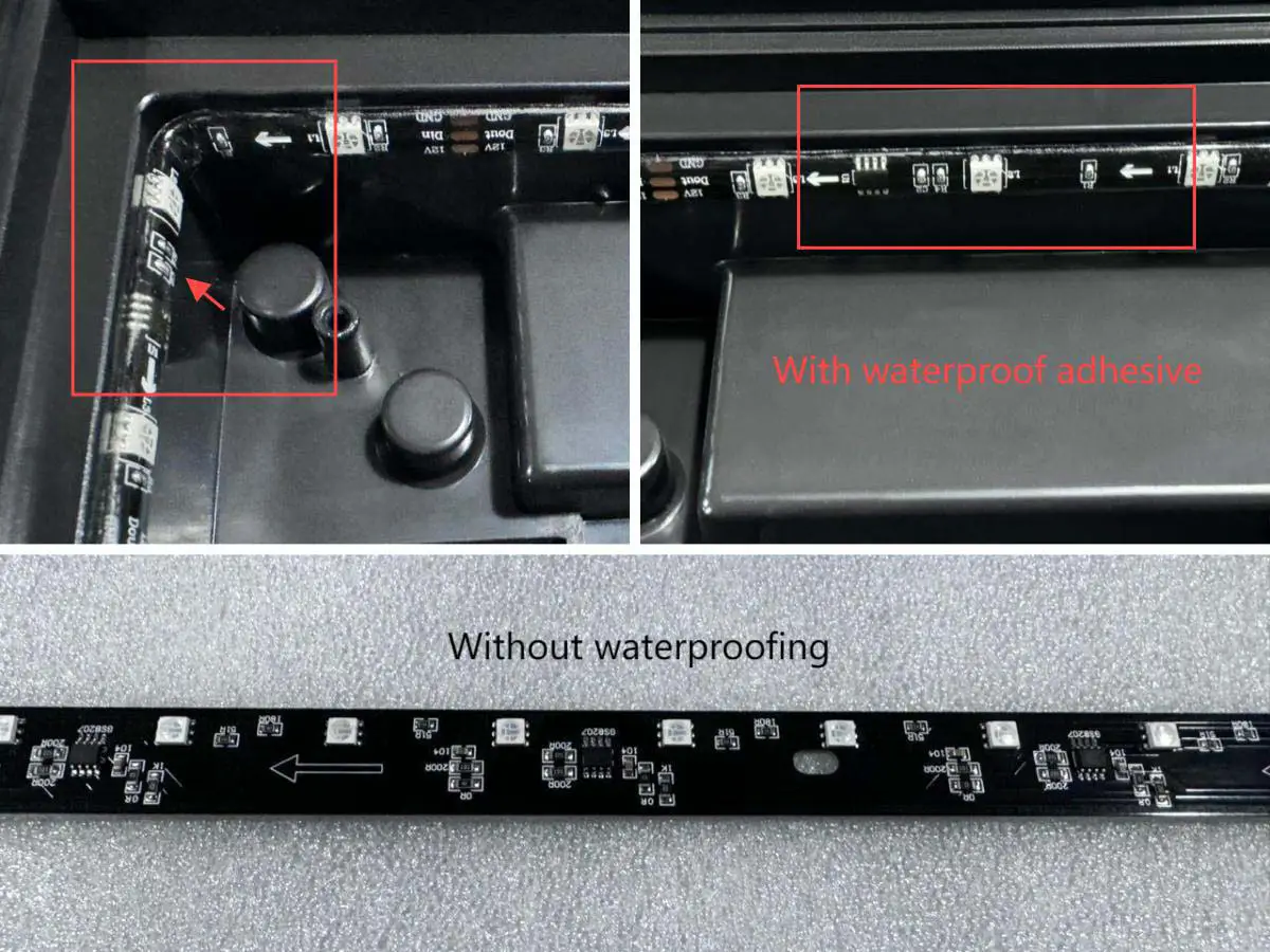 Comparaison de bande LED d’une piste de danse LED avec et sans colle étanche.