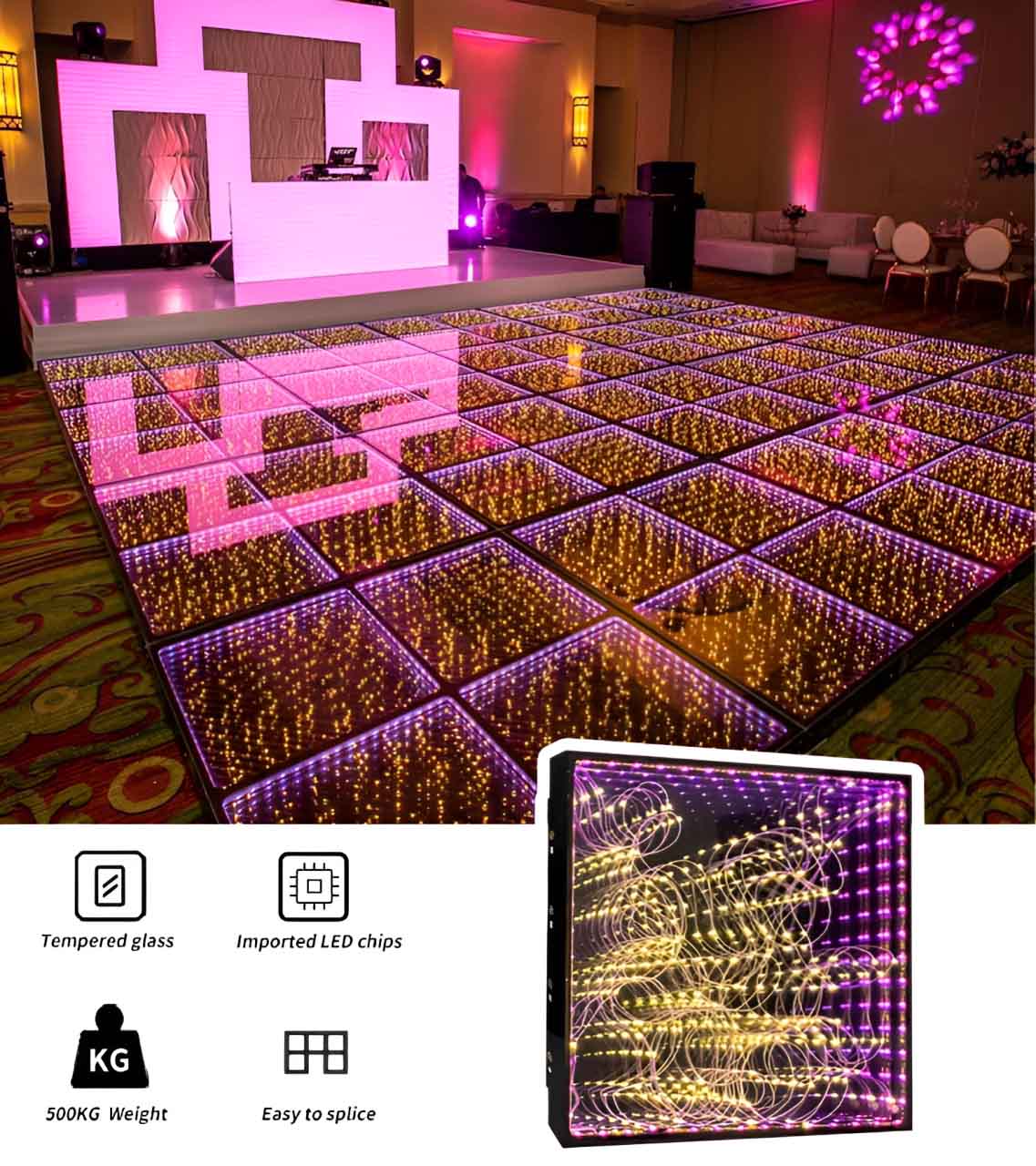 LED dance floor in 3D Starlit style showing a starry sky visual effect, creating a romantic atmosphere at a wedding