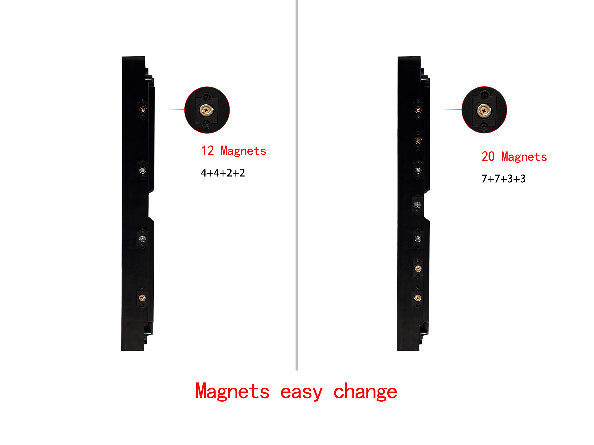 Comparaison entre une dalle de piste de danse LED à 12 aimants et une version améliorée à 20 aimants en laiton pour une connexion renforcée.