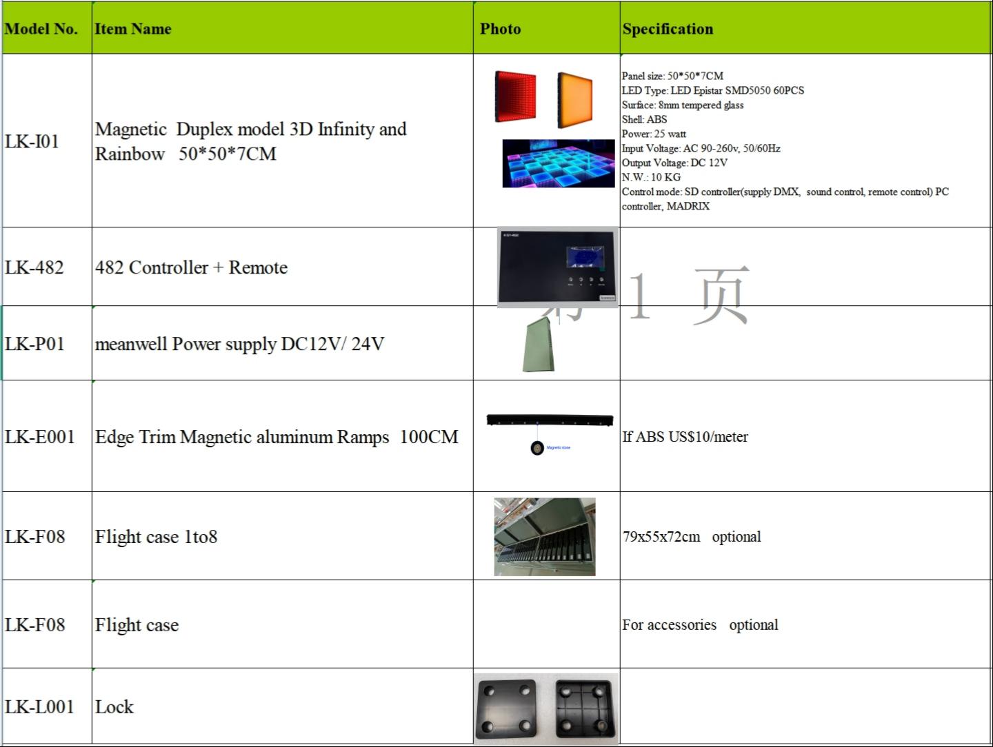 Tableau de spécifications et de devis pour la piste de danse LED 3D à miroir infini LK-I01, incluant contrôleurs et flight cases.