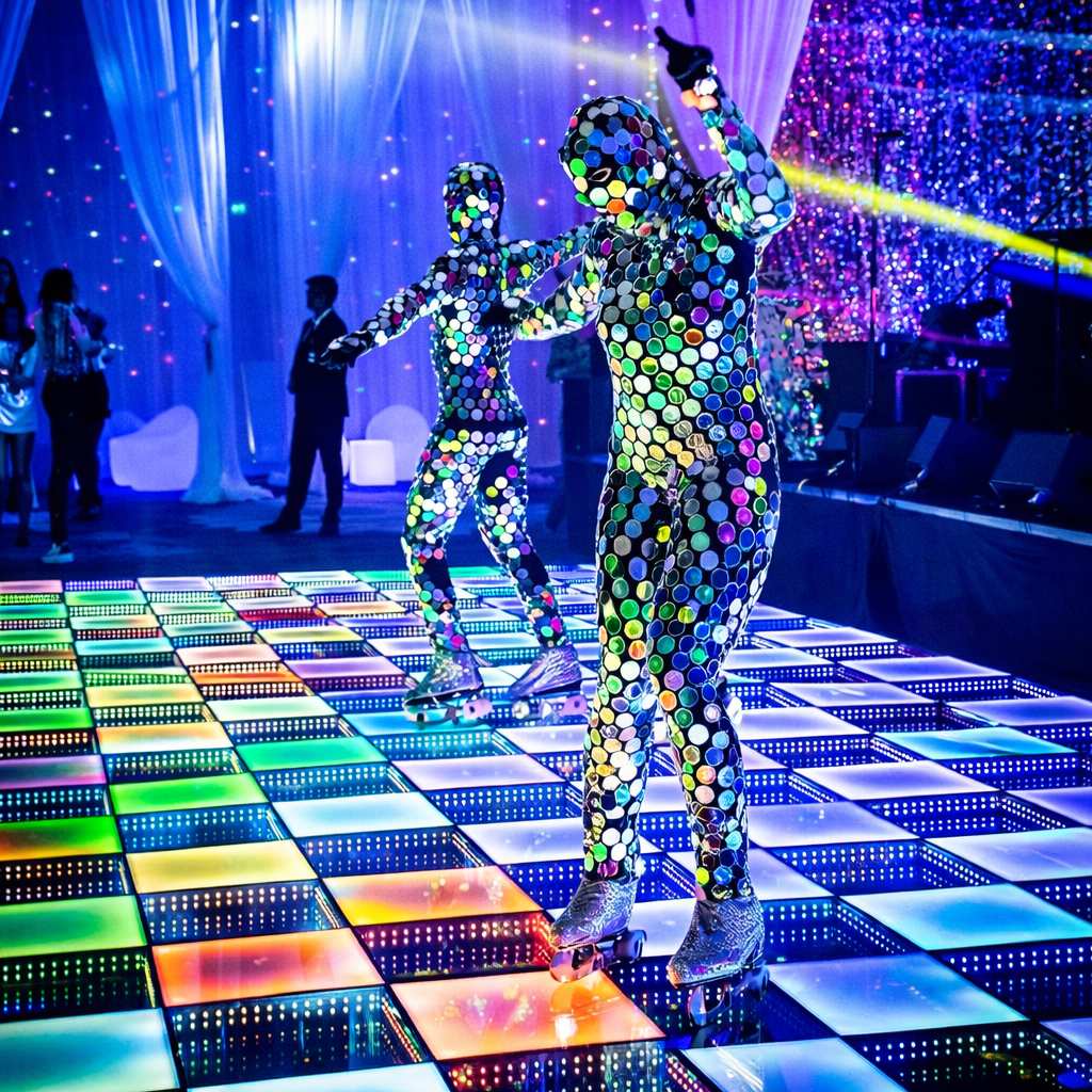 Two performers in mirrored suits roller skating on a 3D infinity LED dance floor at a vibrant nightclub event.
