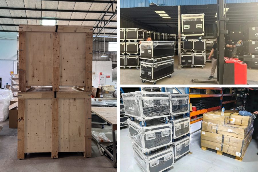LED dance floor tiles and equipment packed in durable wooden crates and professional flight cases for secure shipping.