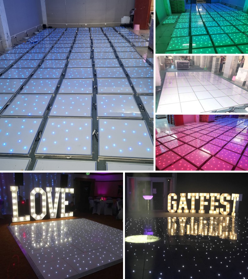 Versatile black and white LED starlit dance floor options with twinkling multi-color lights for wedding and stage events.