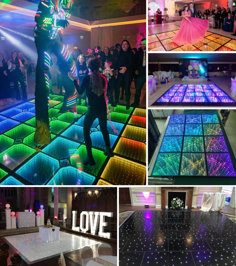 A collage of starlight dance floors featuring 3D starlit, full-color, and classic UV starlit styles for various events.