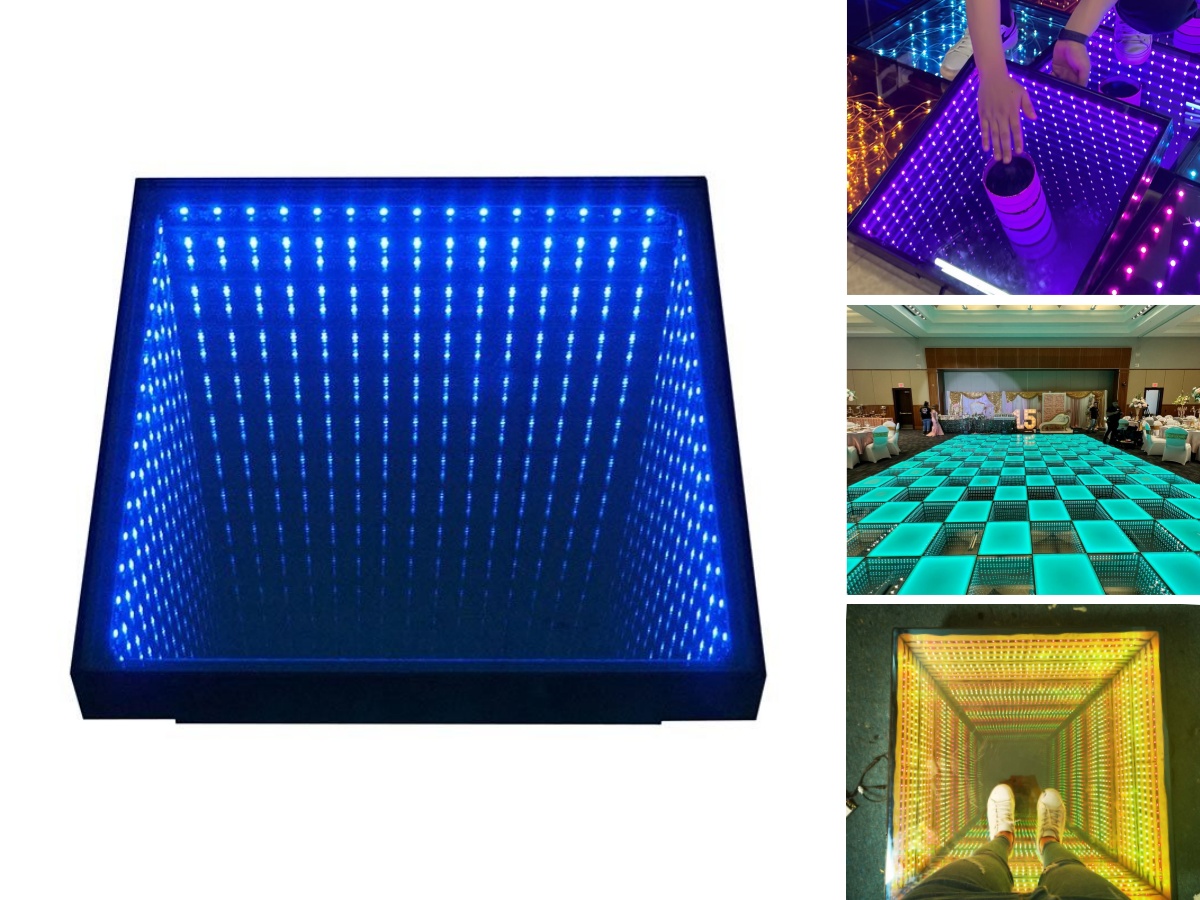 3D infinity mirror LED dance floor panel with blue tunnel light effect.