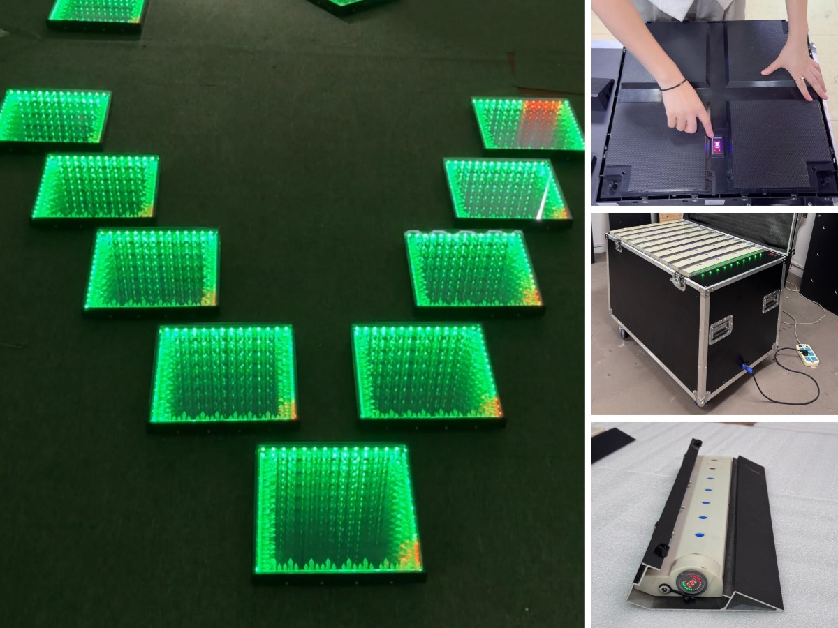 Battery-powered wireless 3D LED dance floor tiles with charging flight case for easy setup.