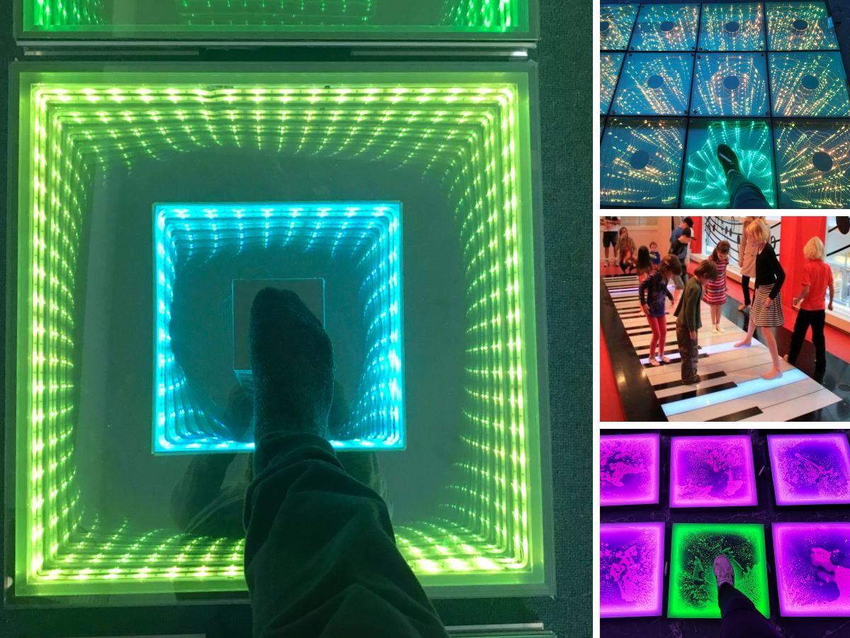 Interactive LED dance floor responding to footsteps with colorful 3D infinity light effects.