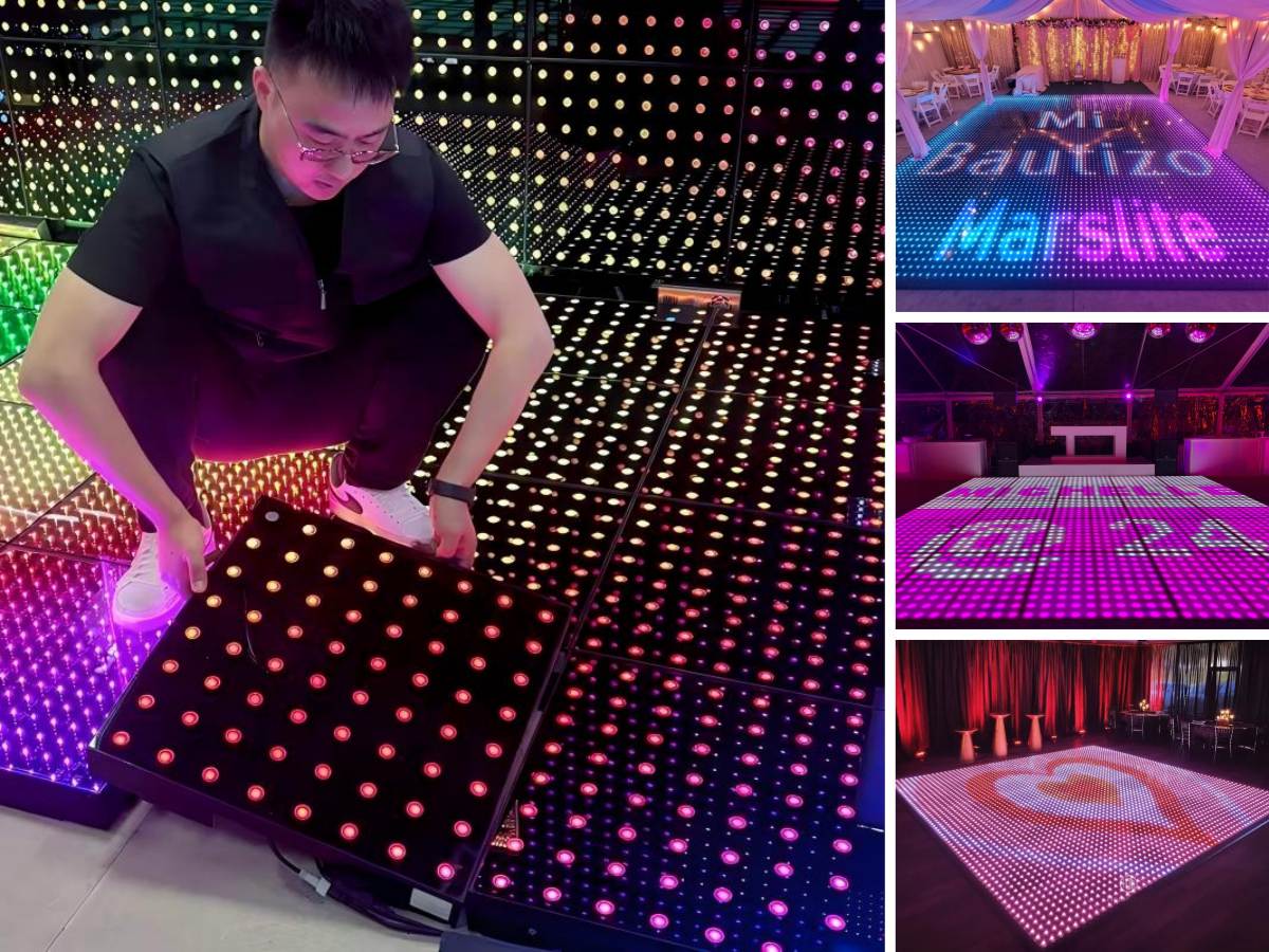 Programmable pixel LED dance floor showing colorful heart patterns and scrolling text for weddings.