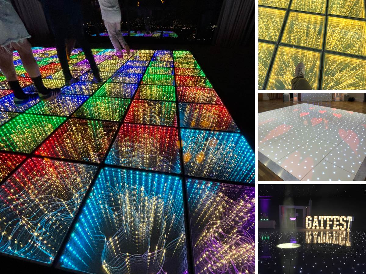 Colorful starlight LED dance floor with twinkling star effects and 3D mirror tiles for events.