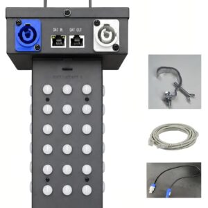 3D Pixel Pillar Light shown with mounting clamp, ethernet cable, and power connector accessories on white background.