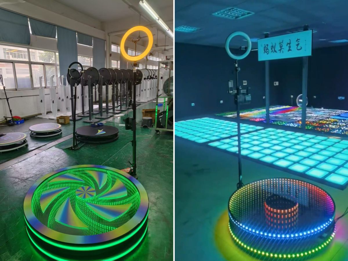 Fotomatón 360 con espejo infinito 3D y vivos efectos de iluminación RGB en la fábrica y el showroom.