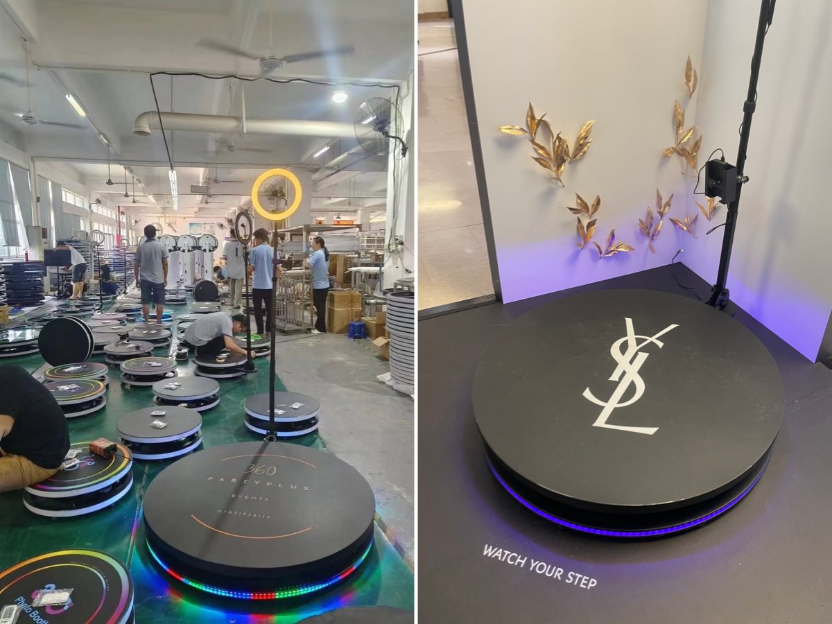 Plataforma giratoria 360 metálica con logotipo personalizado para eventos de marca y montaje en la línea de producción de la fábrica.