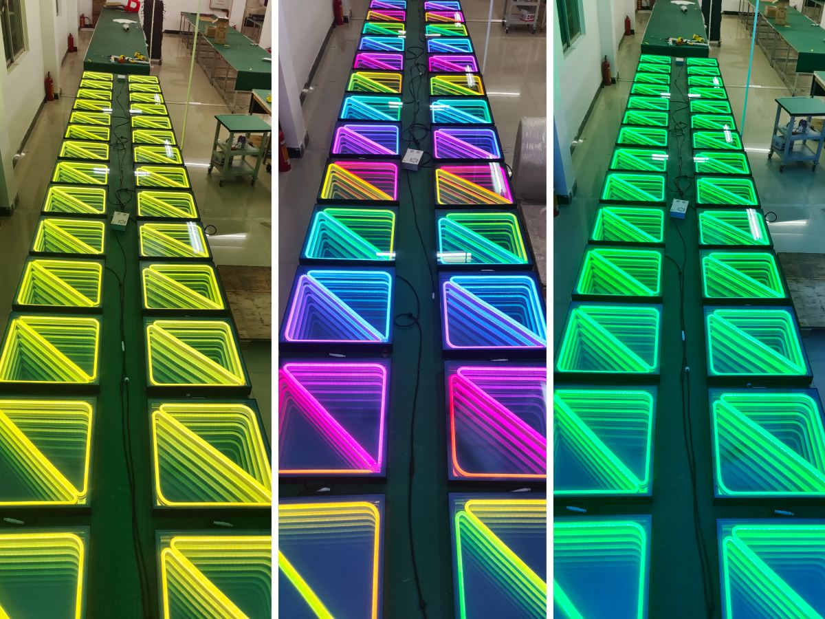 Panneaux de piste de danse LED à miroir infini avec motif diagonal, présentant des effets lumineux jaunes, multicolores et verts lors d’un test en usine.
