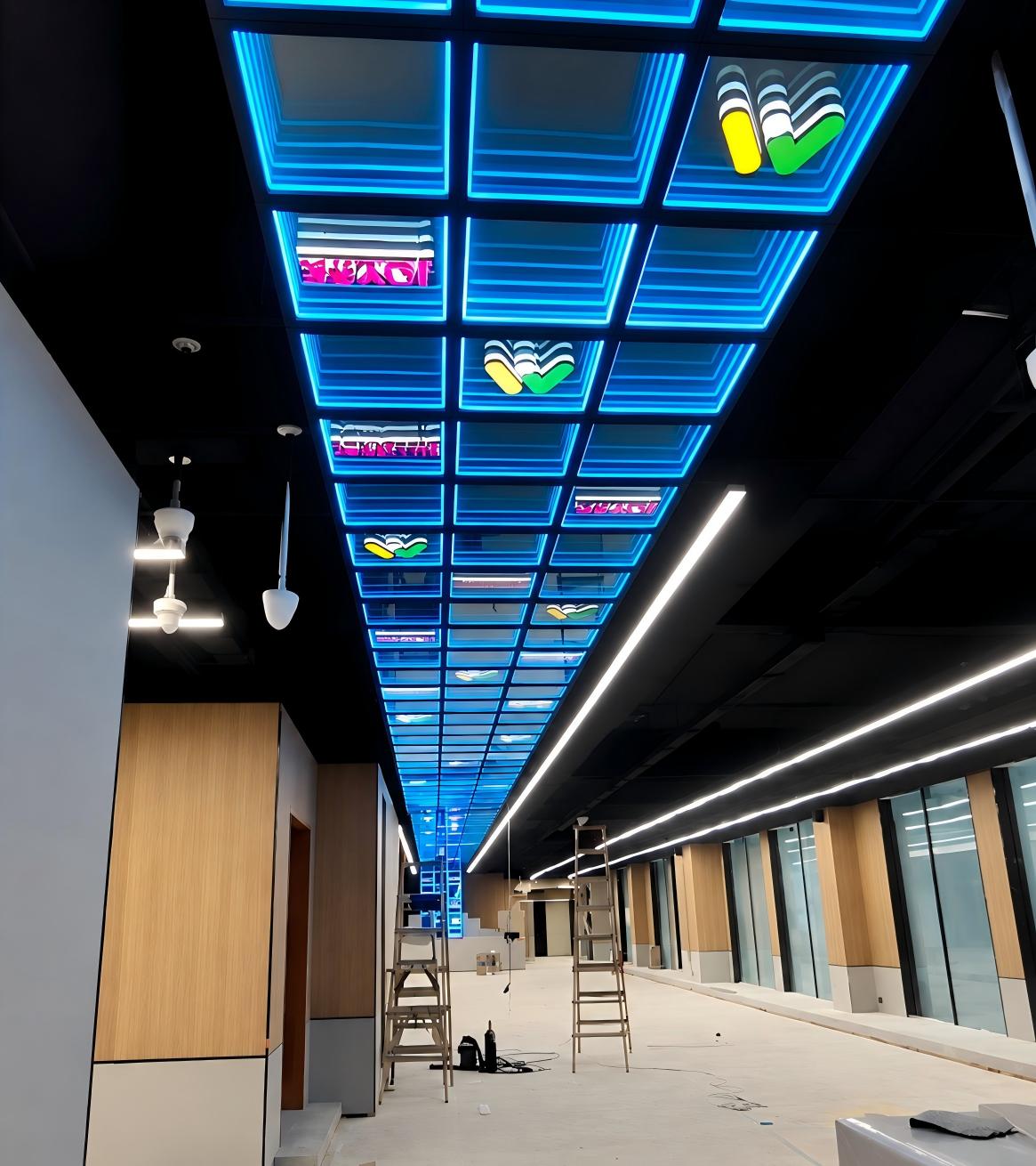 Linear ceiling installation of infinity mirror wall panels creating an immersive corridor lighting effect with LED infinity mirror wall technology.